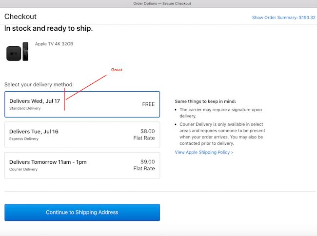apple checkout tactics reduce cart abandonment Apple checkout tactics to reduce cart abandonment. Does the likelihood of abandoning the cart decrease if you know when your order is arriving? We think so. You should try it.
