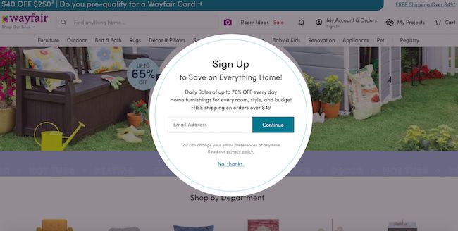 Wayfair's newsletter sign up form has a confusing call to action button text. What will happen after I press continue?