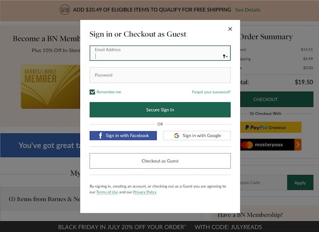 ecommerce checkout flow At Barnes & Noble, returning customers have priority at checkout - with an account or social sign in – then finally a guest option. Unfortunately there is no clear place to create an account at this step in their checkout flow.