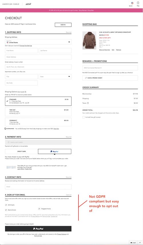 single page guest checkout AEO Single page guest checkout from AEO. It maintains the look of their shopping bag and no steps are hidden from view. They could test splitting the process up to see if conversions increase.