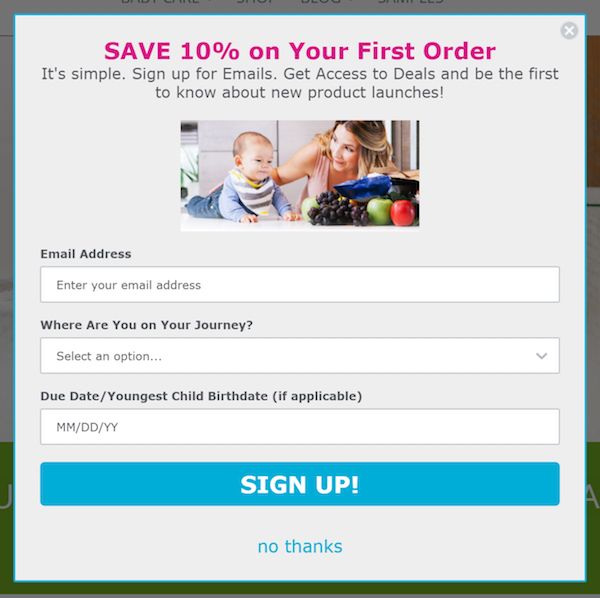 How to increase your Shopify store conversion rate: upspringbaby uses a discount to get remarketing email addresses.