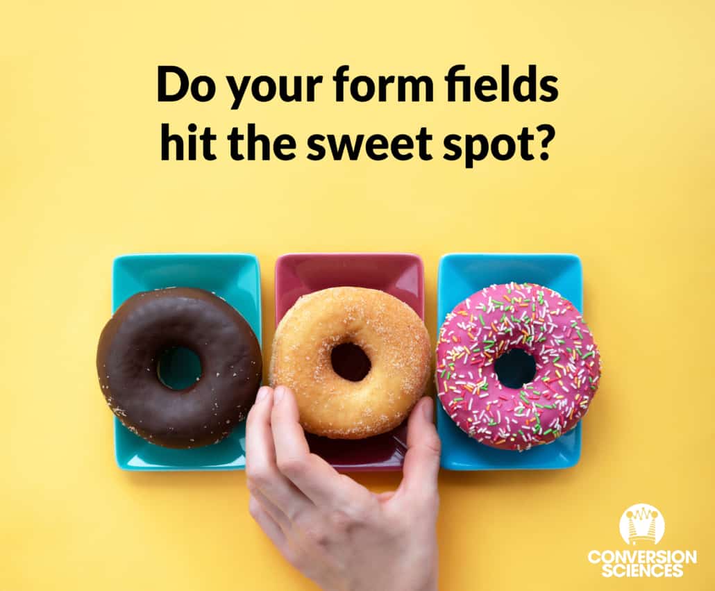 Three different flavor donuts in a line with a hand selecting the center one. The caption reads "Do your form fields hit the sweet spot?"