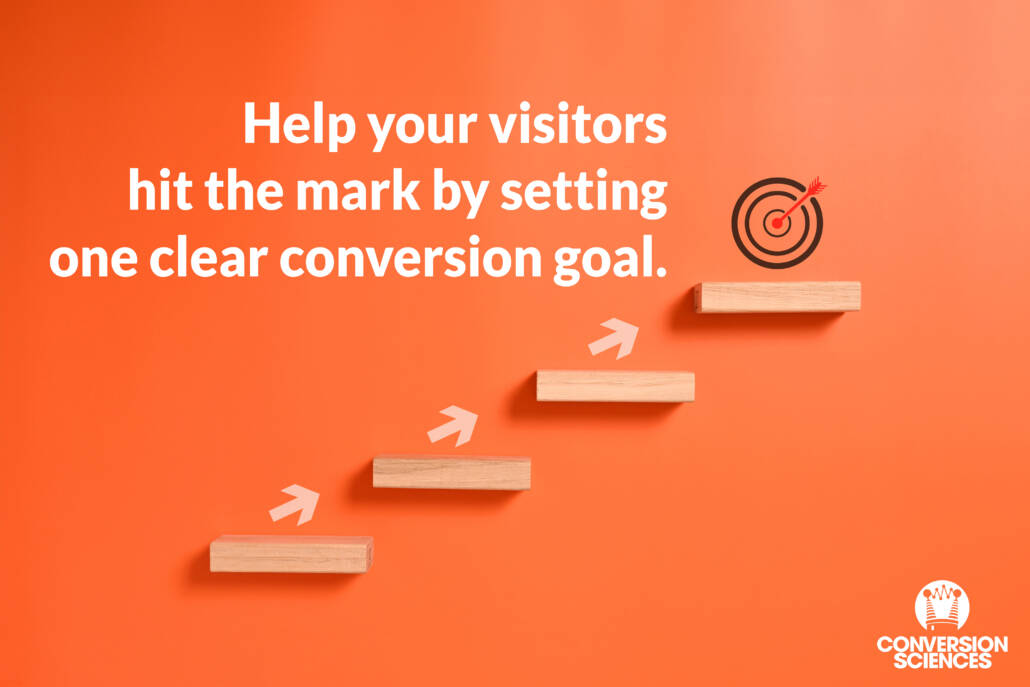 Block steps leading to a target with an arrow in the bullseye. The caption reads: "Help your visitors hit the mark by setting clear conversion goals."