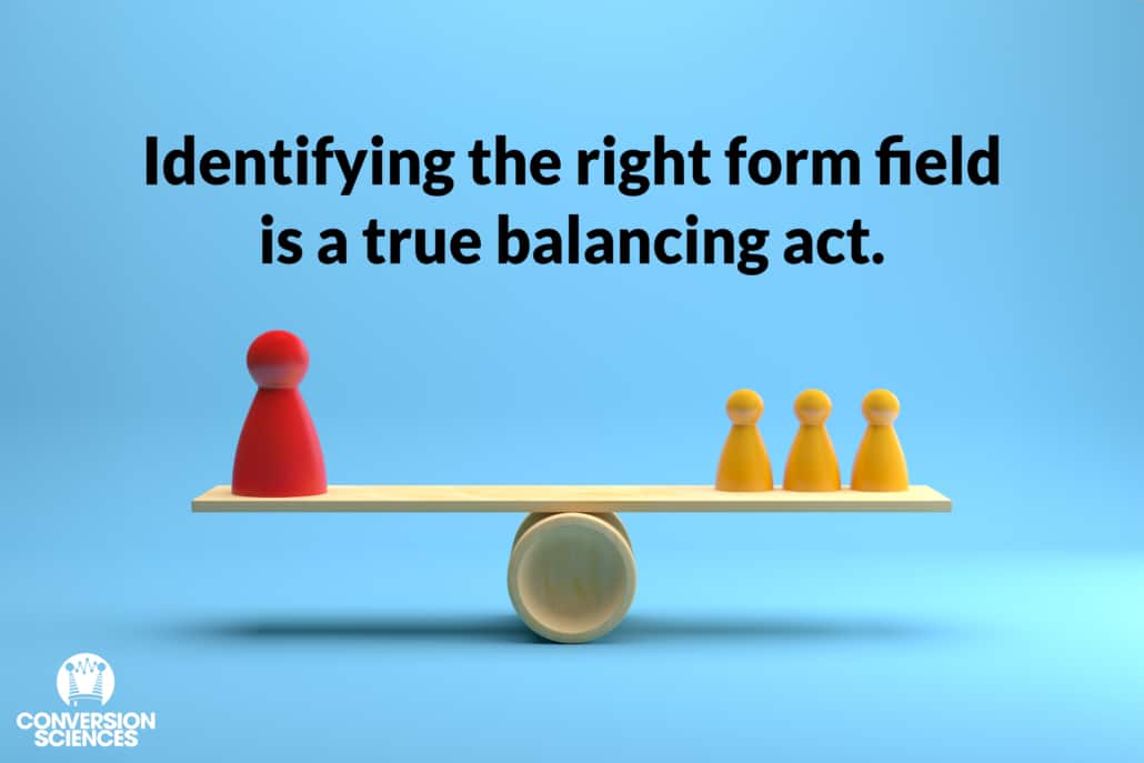 A see-saw with a large red figure on the left and three smaller yellow figures on the right. They are balancing each other. The caption reads "Identifying the right form fields is a true balancing act."