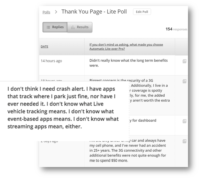A thank-you page survey asked, "What made you choose Automatic Lite over Pro?" A thank-you page survey asked, "What made you choose Automatic Lite over Pro?"